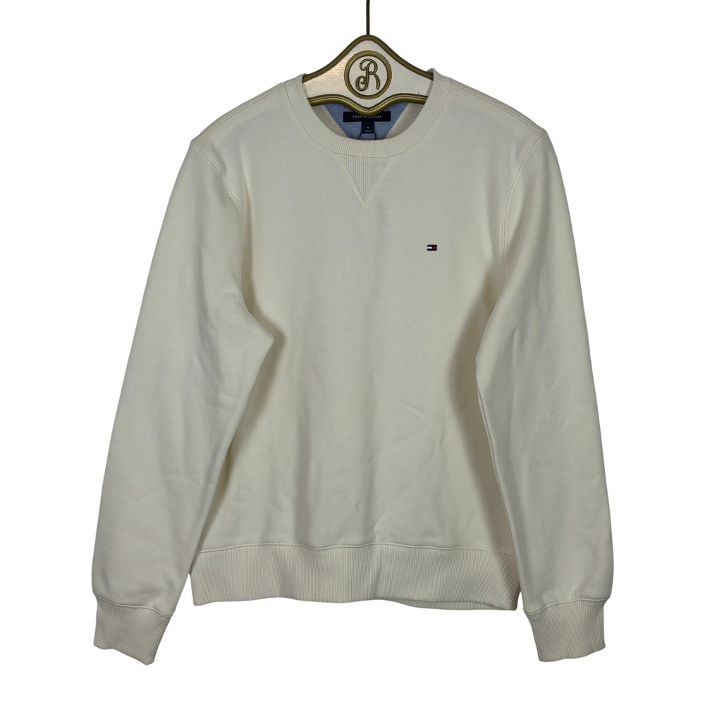 Tommy Hilfiger Sweater Mens M Cream Fall Basics Crew Neck Logo Preppy Classic - Picture 1 of 12